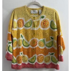 Vintage Options Philip Jane Gordon Cardigan‎ Sweater Medium Sequins Fruit Yellow